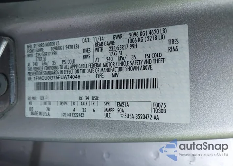 2015 Ford Escape Se z USA, uszkodzony, nr VIN 1FMCU0G75FUA74046